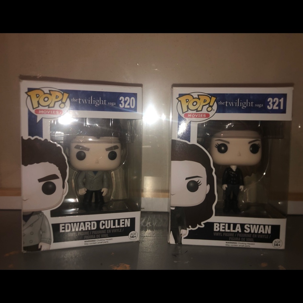 Bella Swan and Edward Cullen from the Twilight saga Funko Pops. Unopened